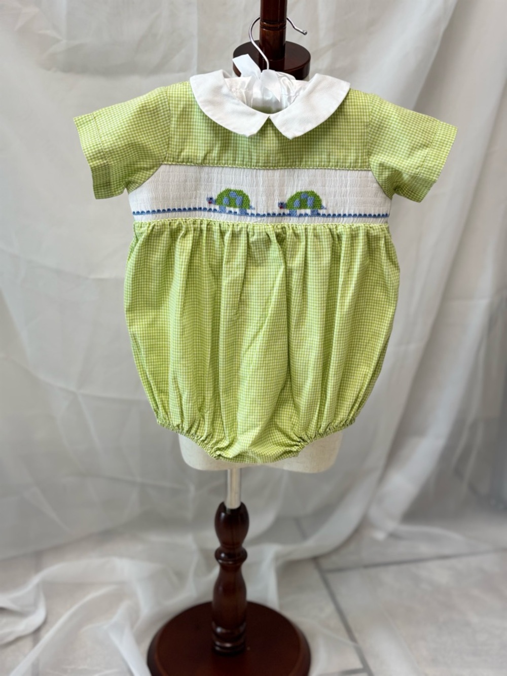 Classic Smocked Turtle 🐢 romper- Green Gingham